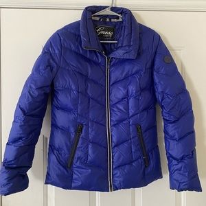 Guess down feather puffer coat; cobalt blue